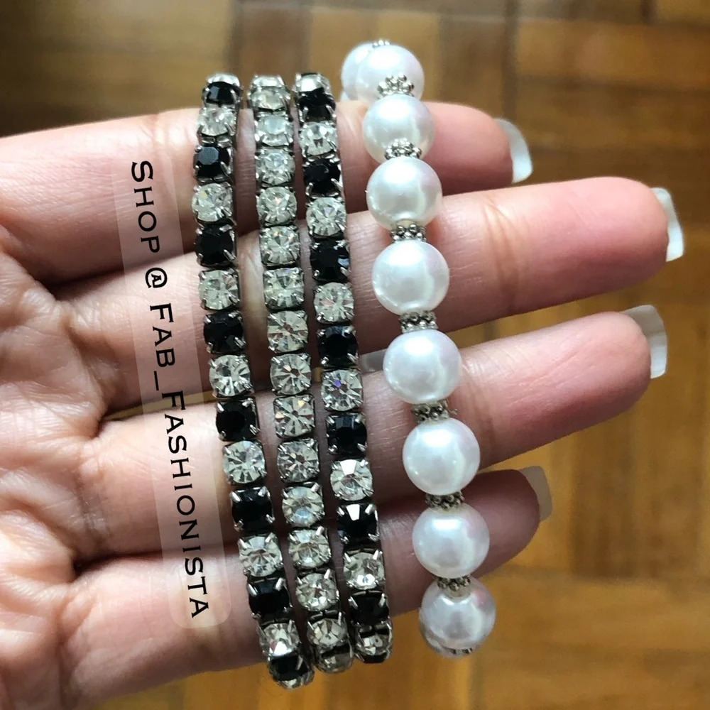 Stretchy stone statement Bracelet bundle pearl black crystal